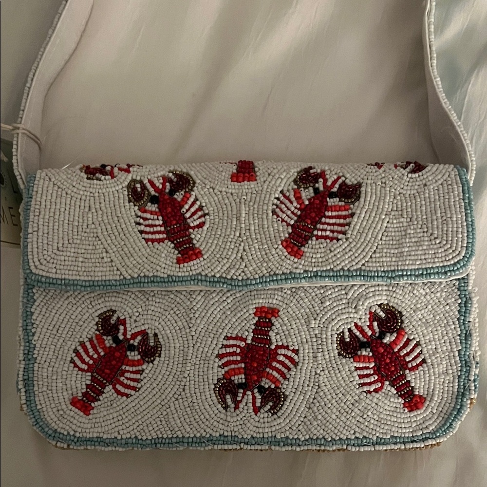 Beaded Lobster Design White Shoulder Bag